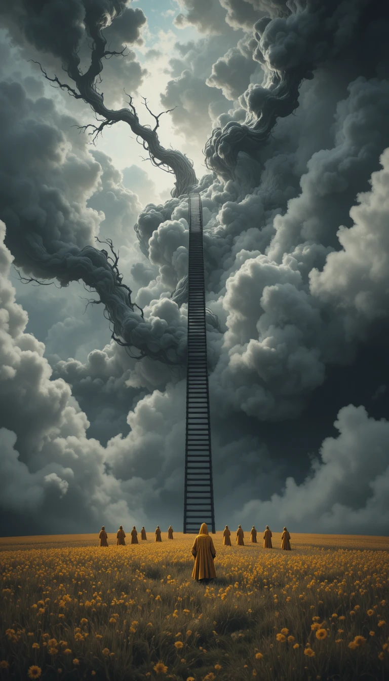 Escalera surreal que se eleva hacia un cielo tormentoso sobre un campo dorado