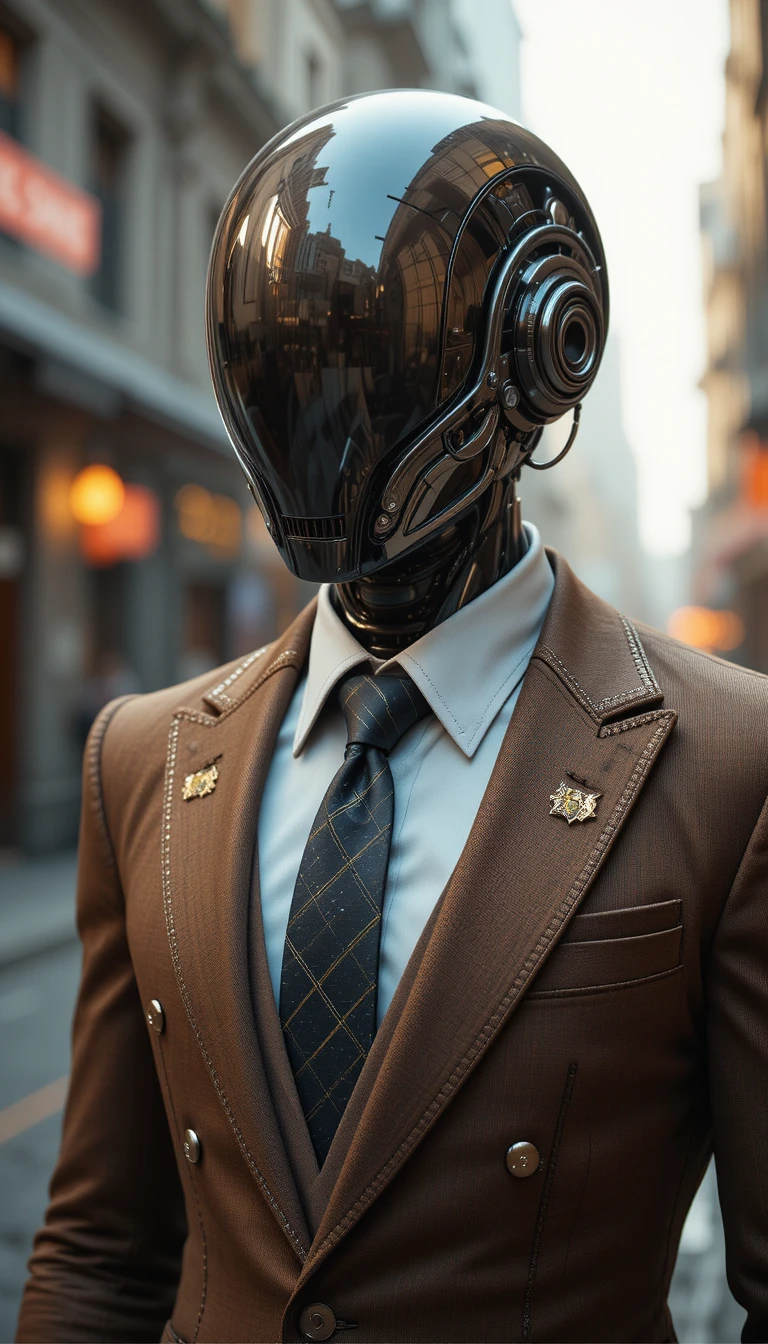 Futuristischer humanoider Roboter im braunen Anzug in der Stadt