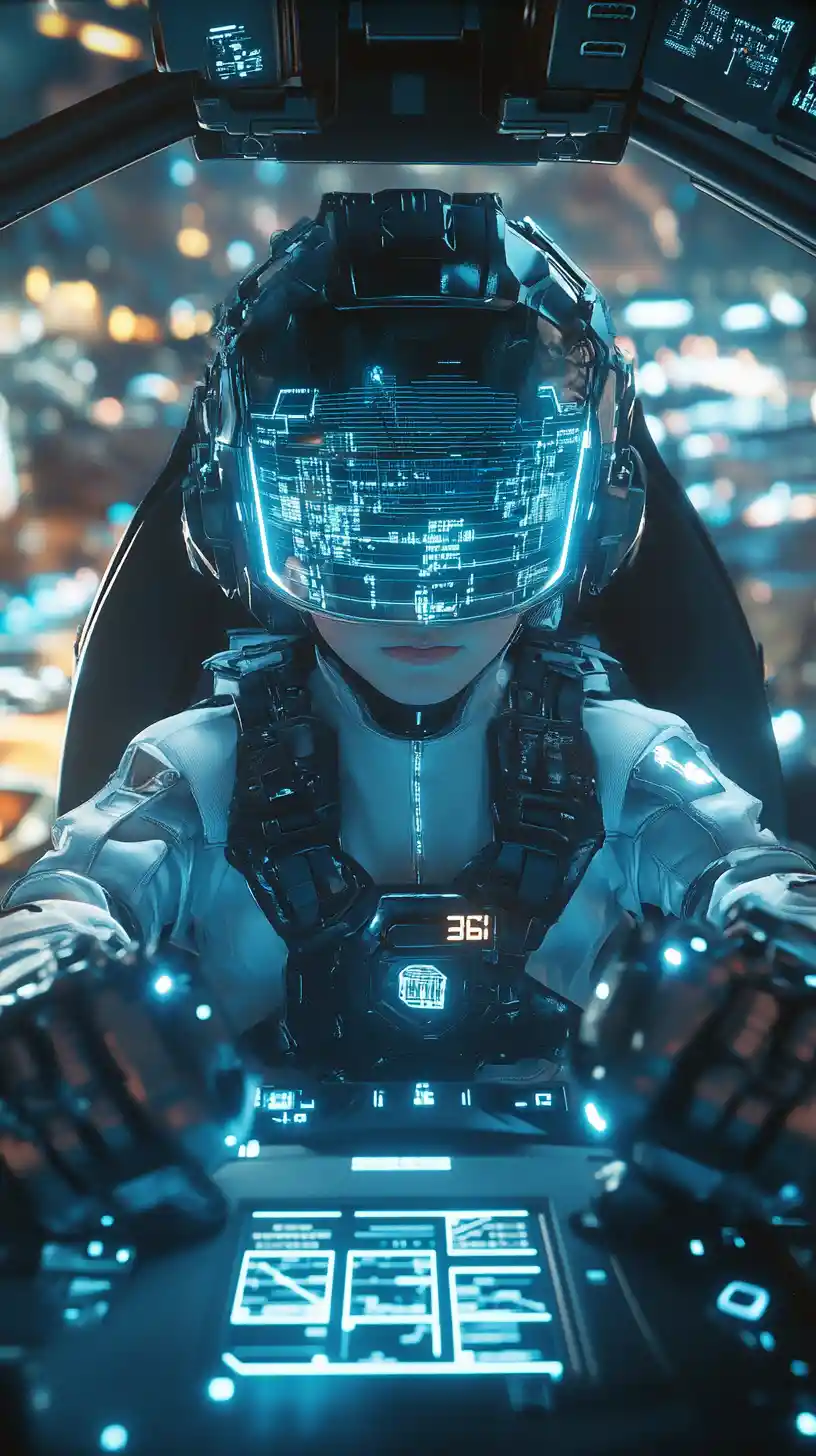 Child pilot in futuristic mech cockpit with blue hud