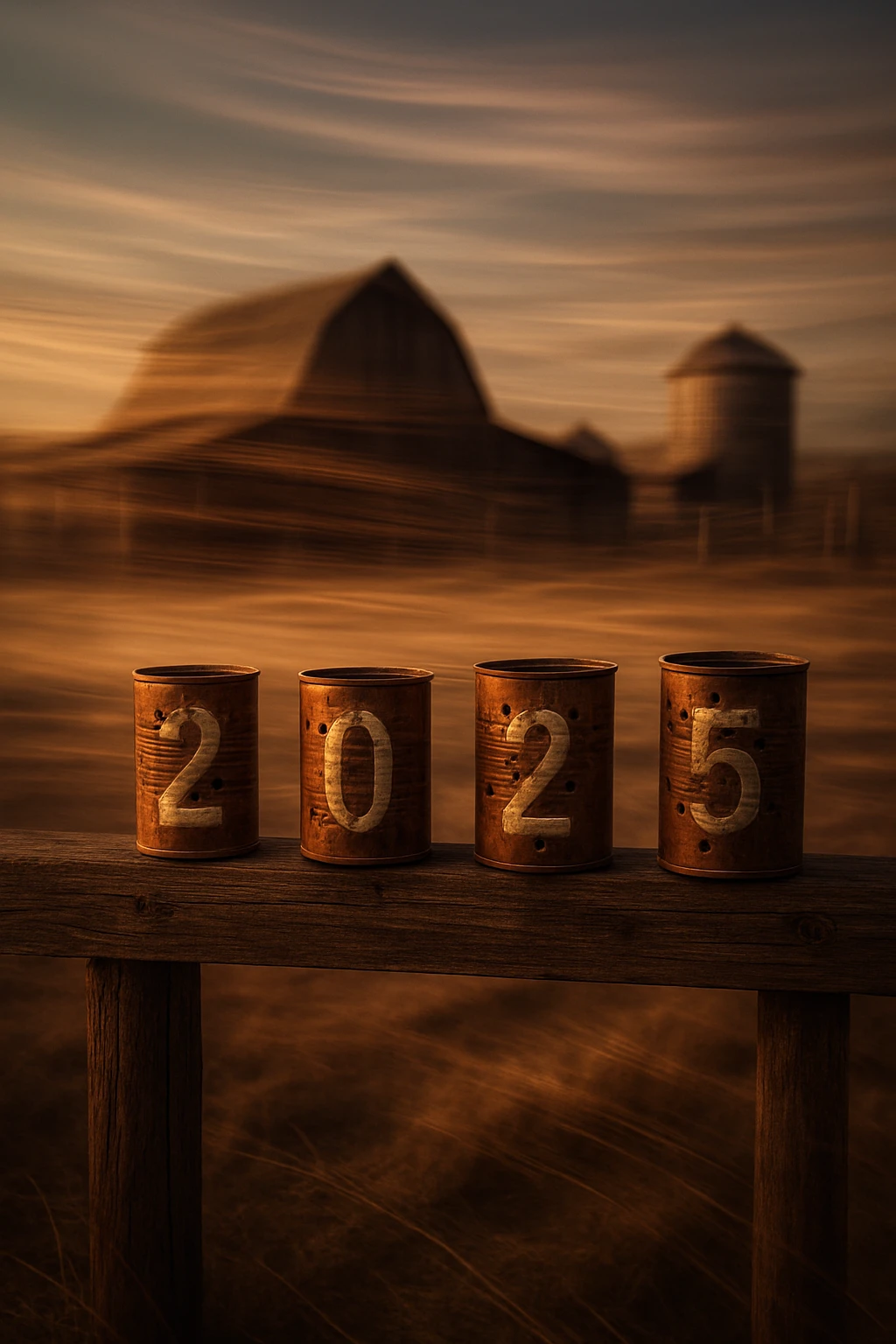 Rusty Tin Cans On A Wooden Beam At An Old Farm