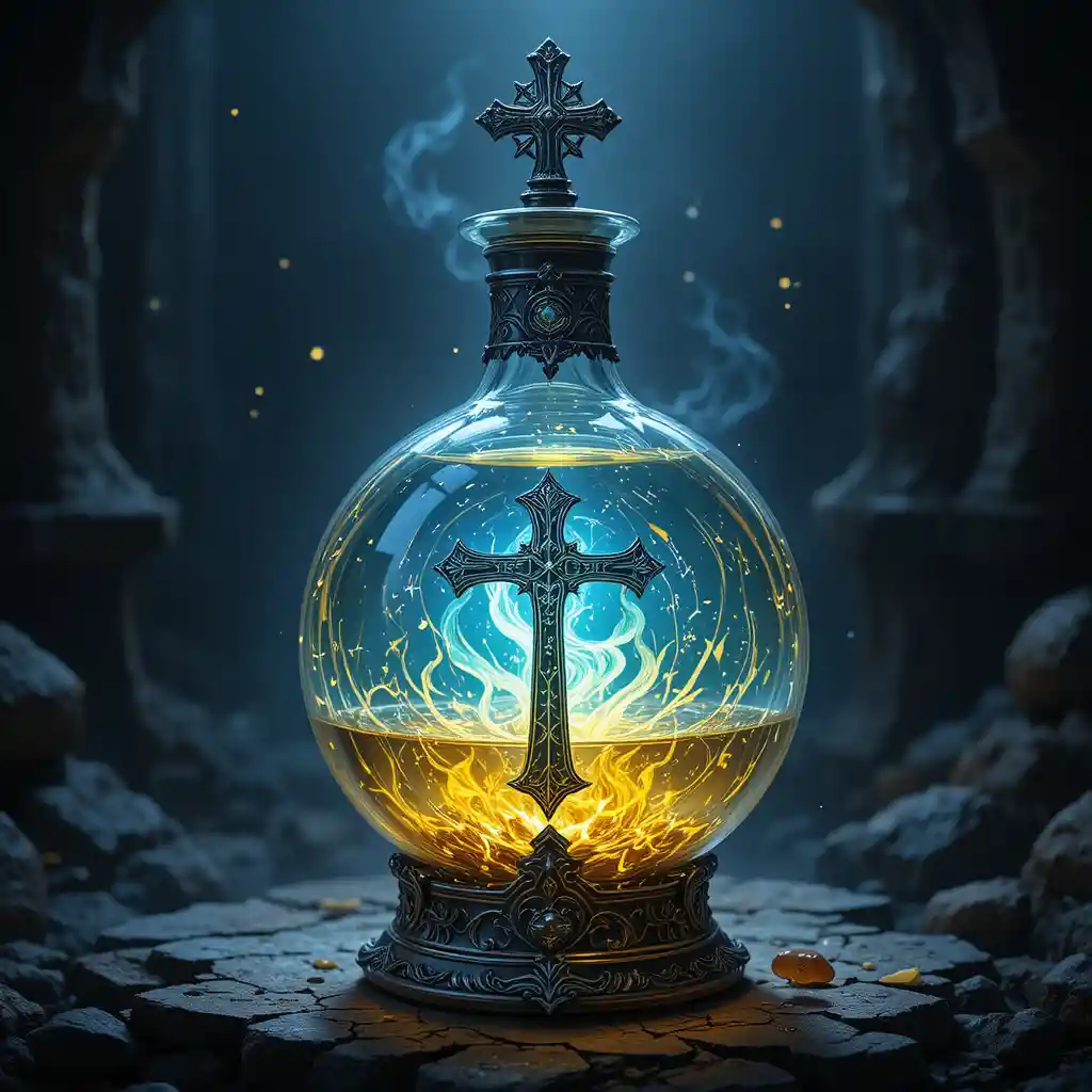 Glowing Holy Cross Potion Bottle In Dark Fantasy Scene