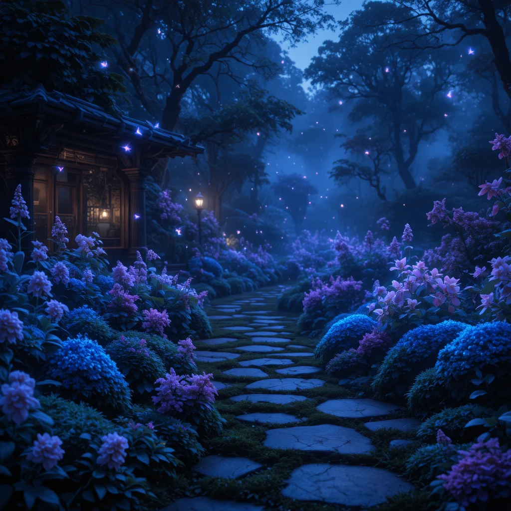 Sentiero di giardino incantato illuminato da piante bioluminescenti brillanti