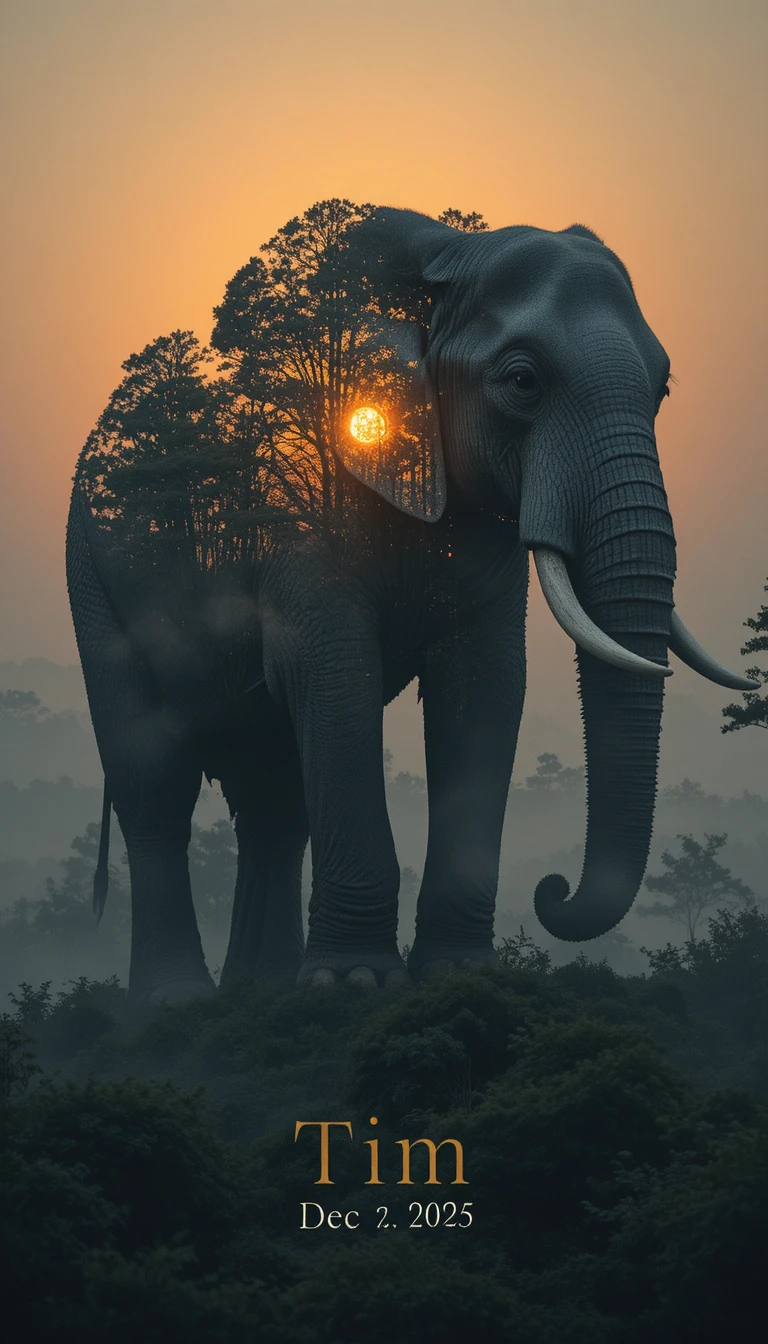Maestoso elefante in doppia esposizione riempito da una foresta luminosa