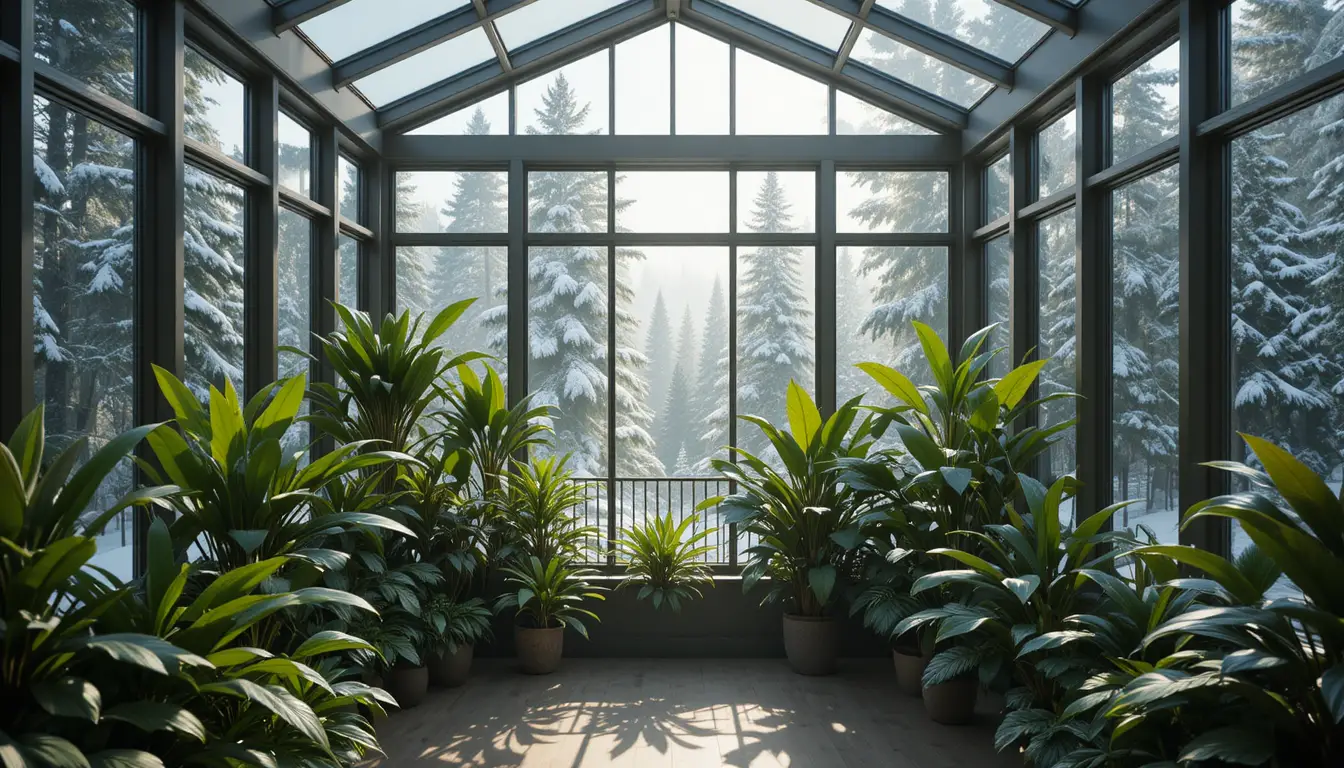 Modern glass sunroom with tropical plants and snowy forest view