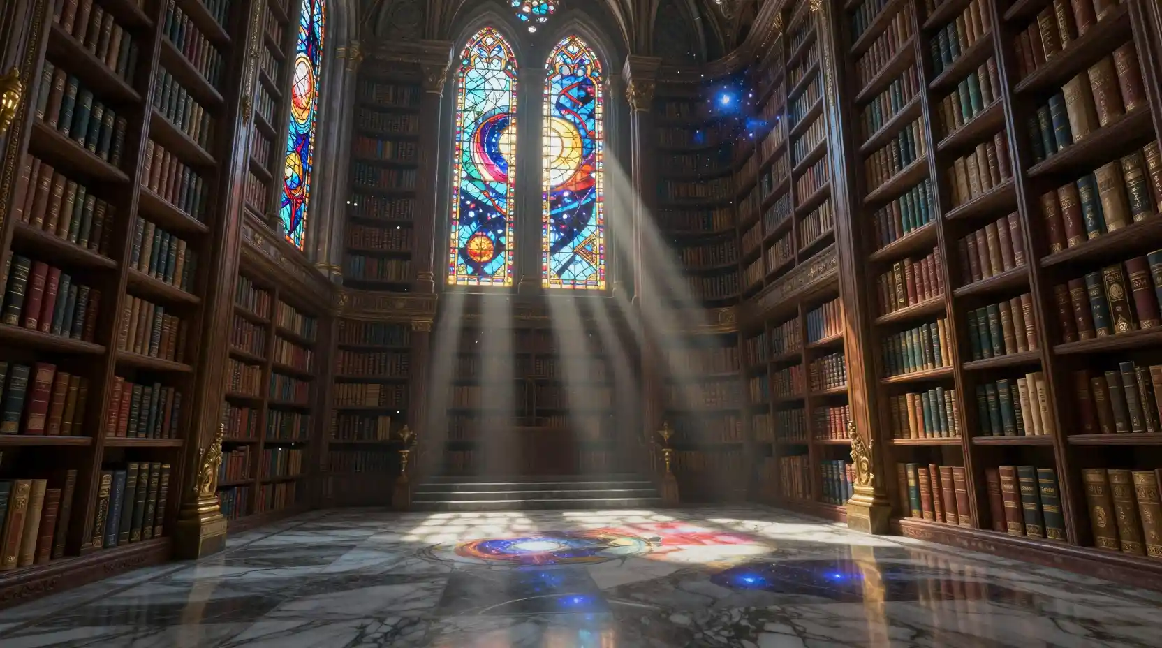 Antica biblioteca scolpita nella scogliera di un'isola fluttuante