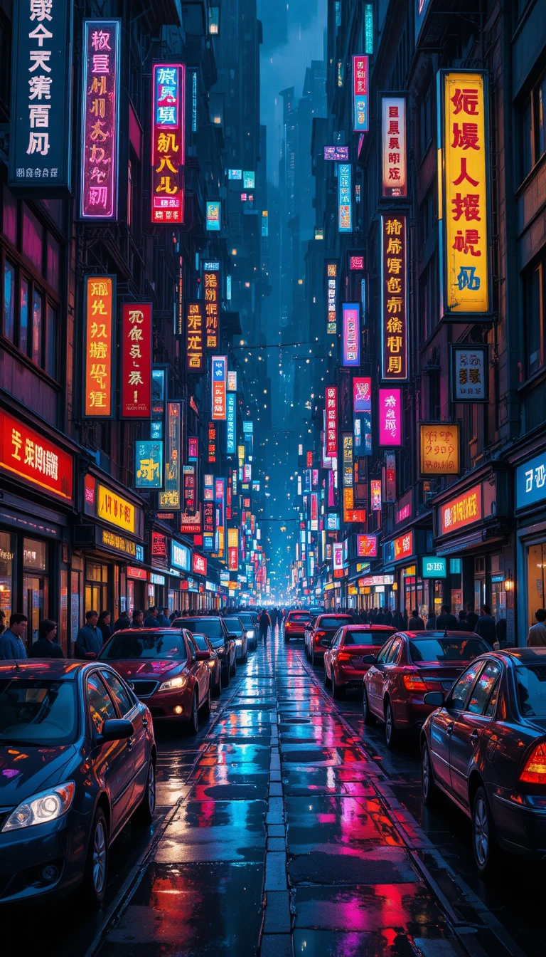 Neon city street packed with cars on a rainy night