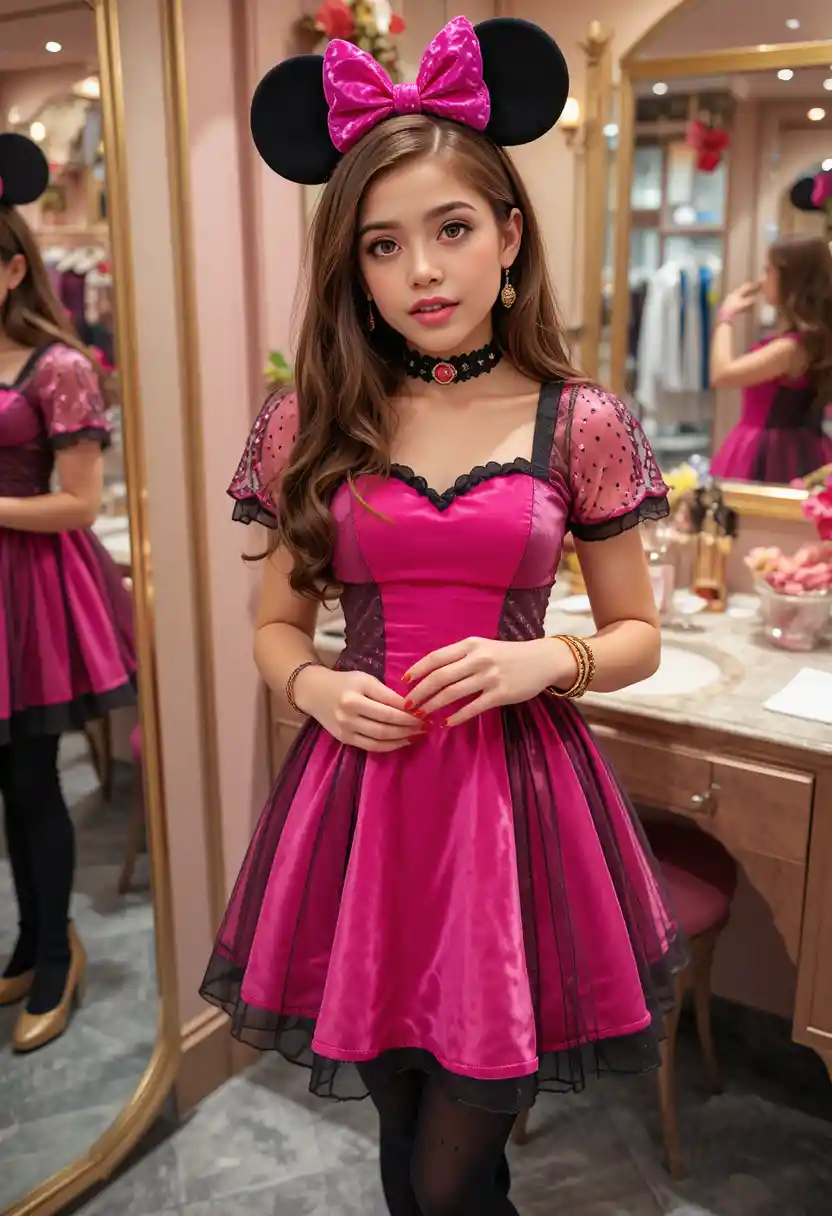 Tween boy dressed as a cute girl in boutique backroom