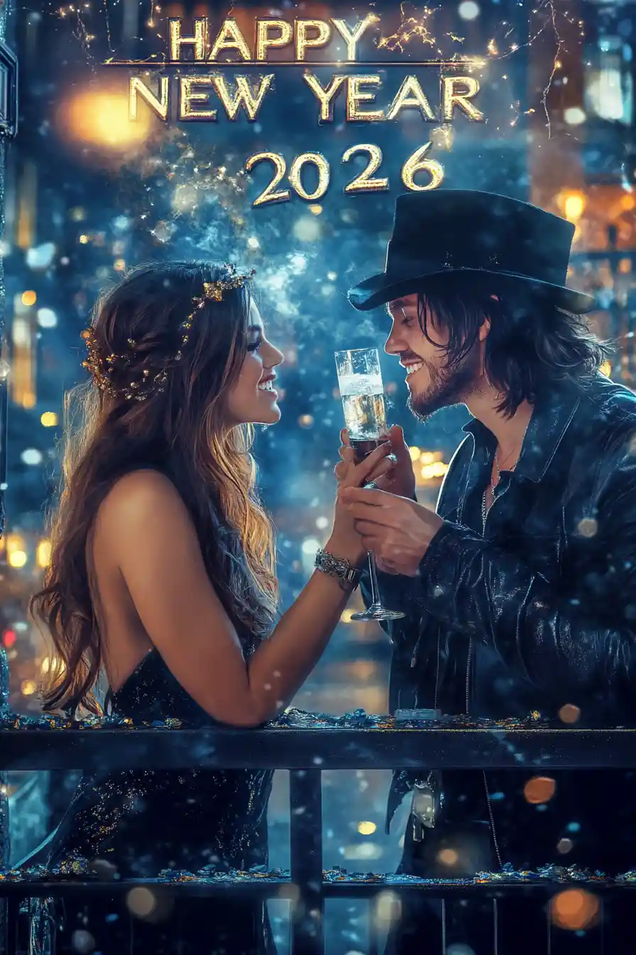 Elegant couple toasting on a rooftop New Year terrace