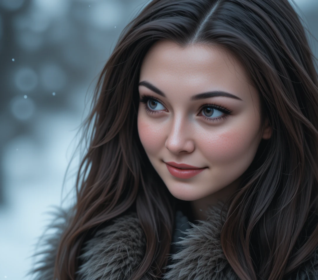 Femme russe souriante en fourrure d’hiver avec cheveux foncés
