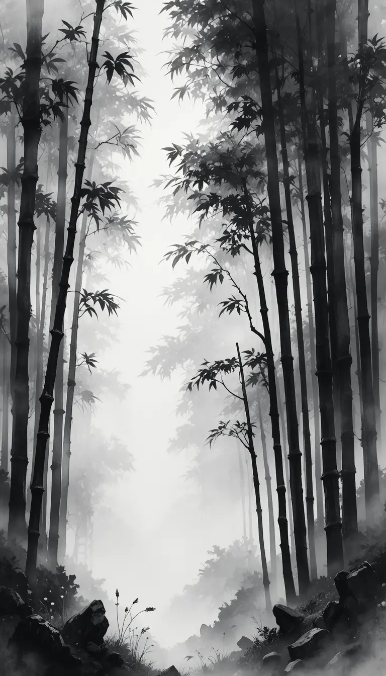 白黒水彩で描く霧深い竹林の絵画