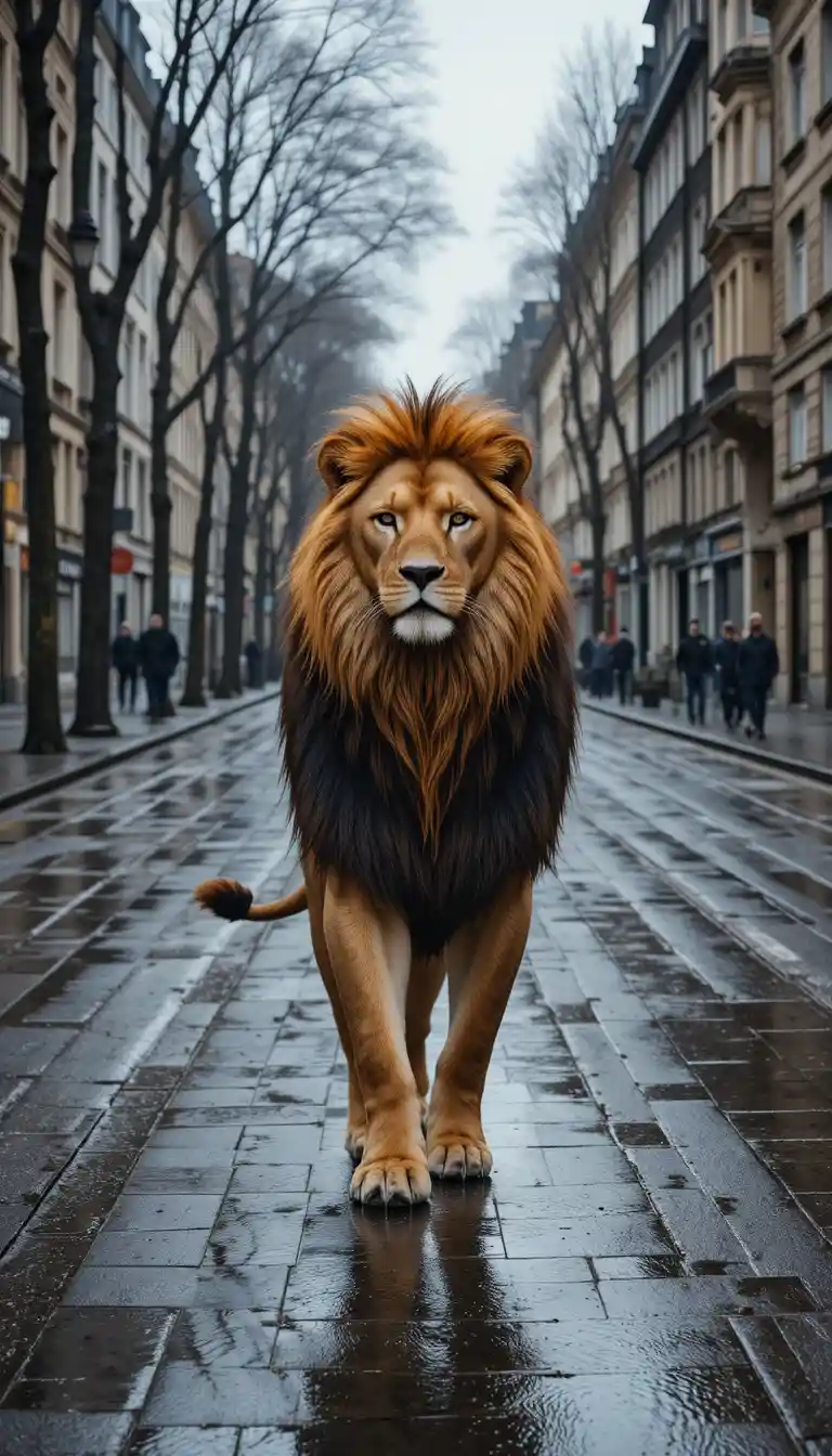 Lion walking alone on a rainy European city street