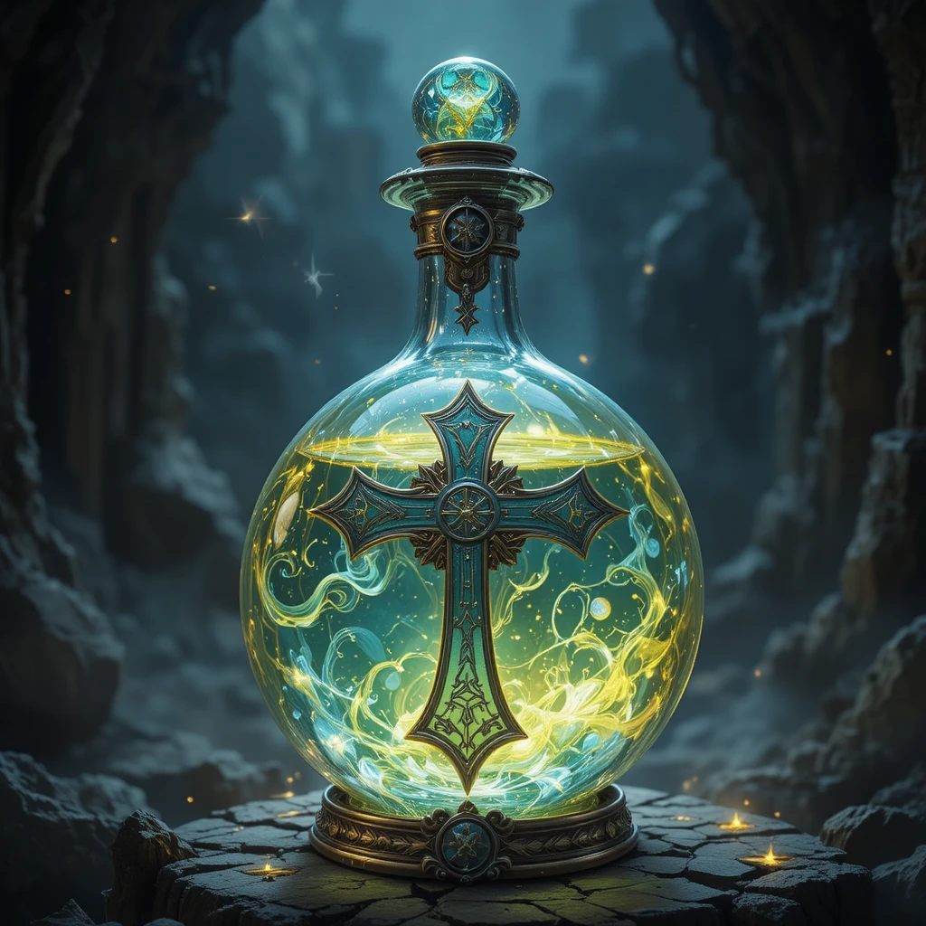 Glowing Fantasy Potion Bottle With Cross Shaped Stopper