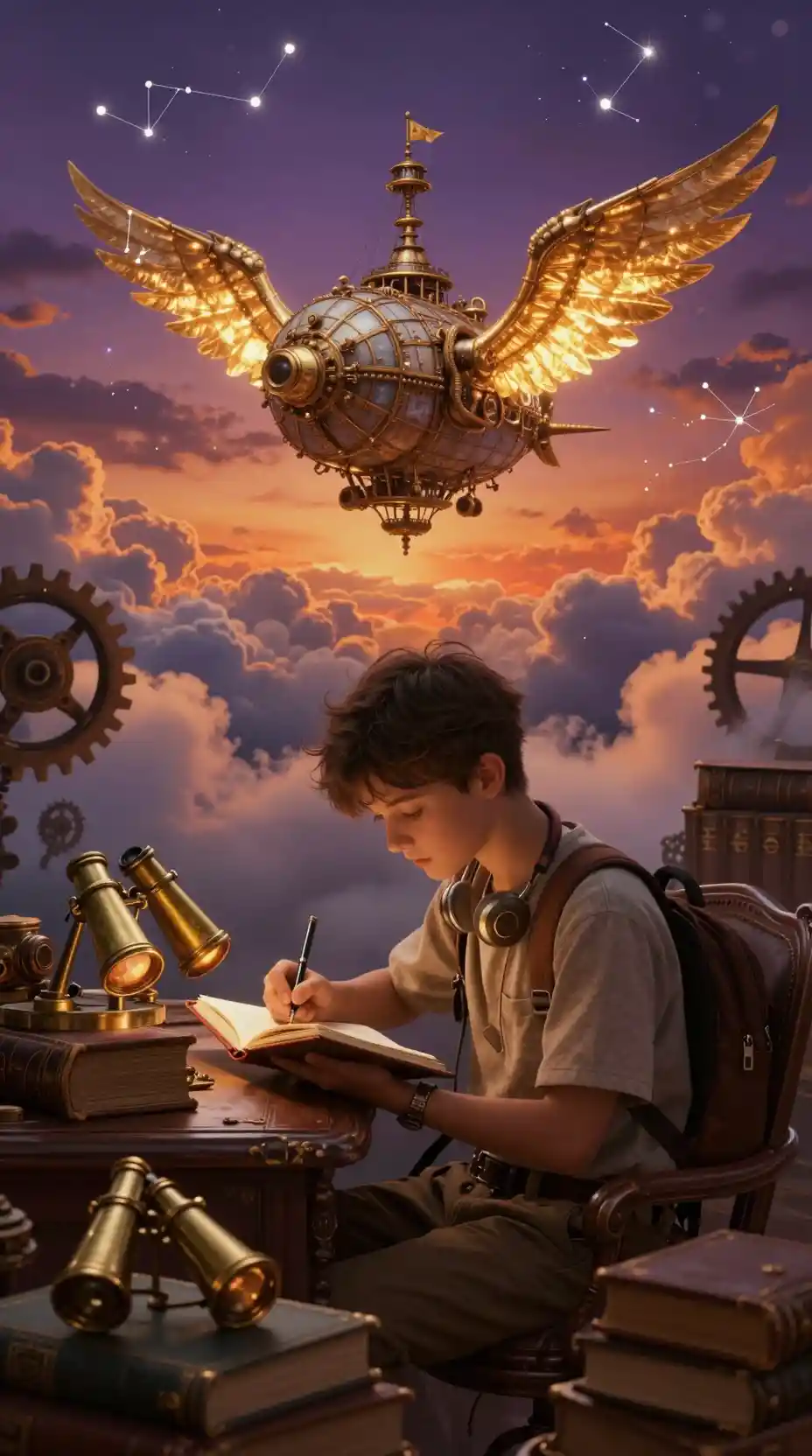 Young explorer writing in a vintage study room