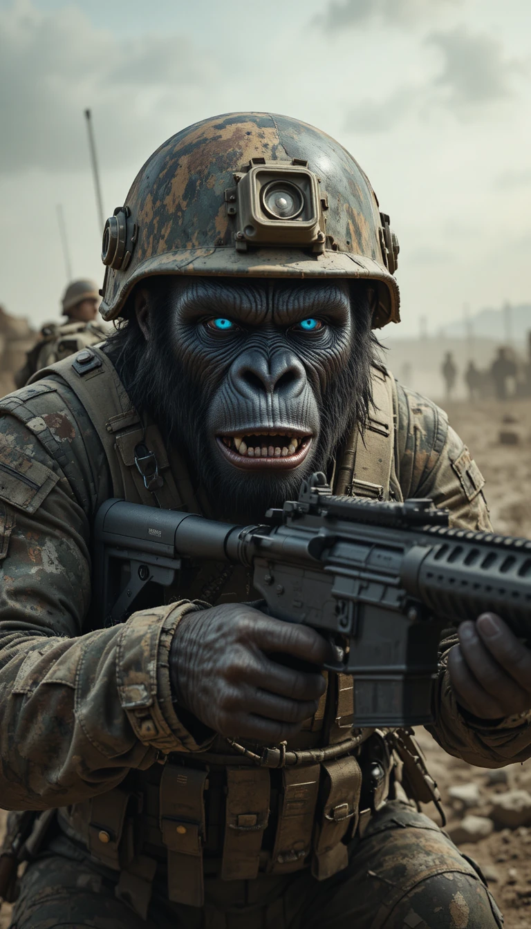 Armed gorilla soldier with blue eyes on gritty battlefield