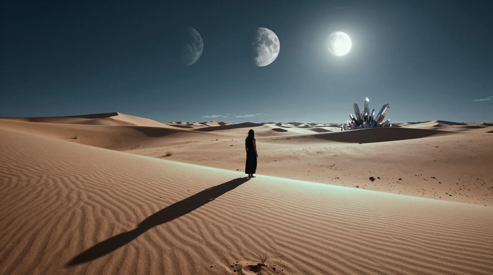 雙月之下發光異星沙漠中的孤獨身影
