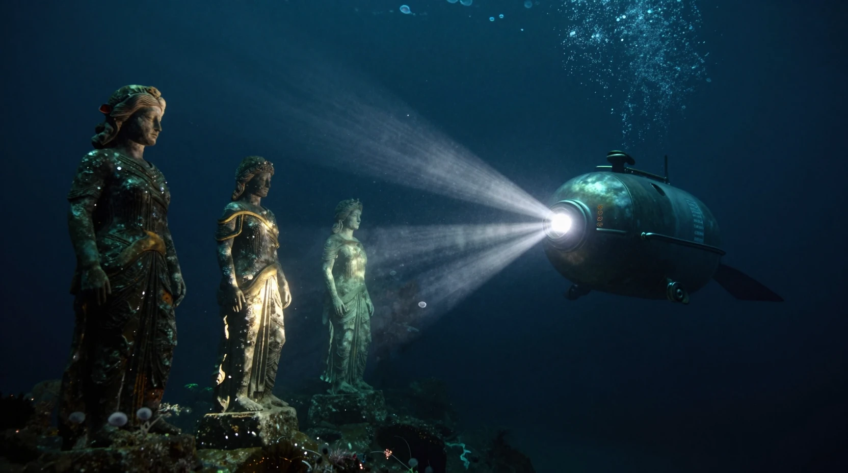 Deep sea submersible lighting ancient statues on the ocean floor