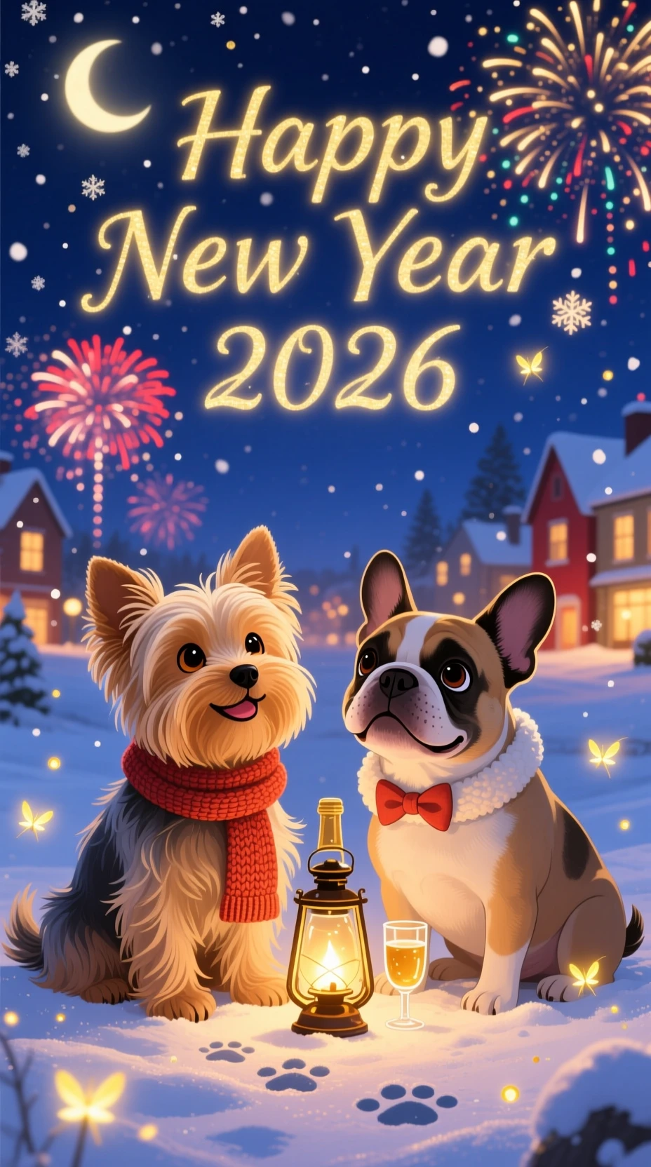 2匹の犬が雪の中で分かち合う穏やかな新年のひととき