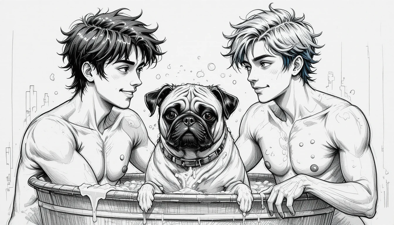 야외 욕조에서 퍼그를 씻기는 두 젊은 남성