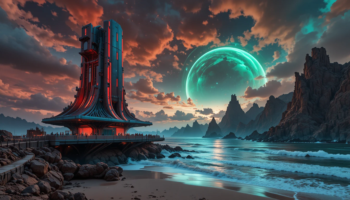Bâtiment futuriste en bord de mer avec tour-pont au crépuscule