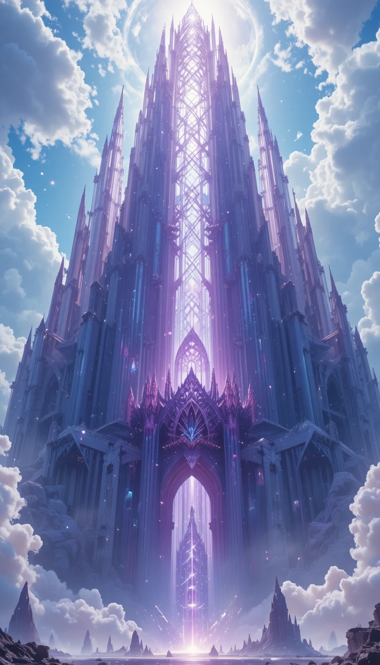 Cattedrale cristallina di ametista che si innalza sopra isole sospese nel cielo