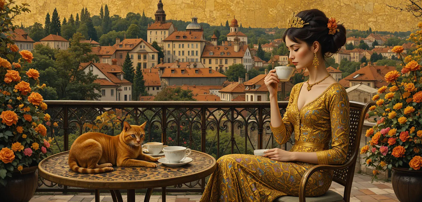 Elegant woman on sunny terrace with gilded decorative style