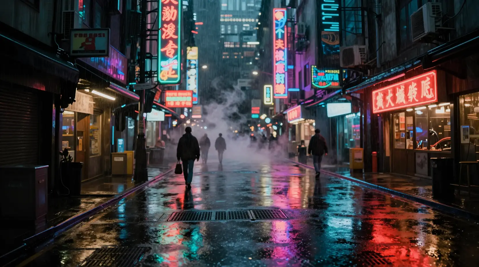 Neon lit cyberpunk market street shining after heavy rain