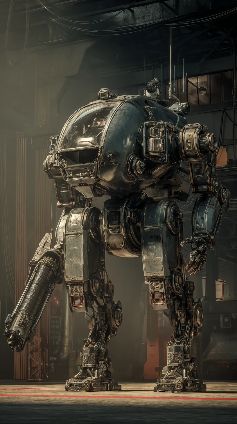Exoesqueleto mecha de ciencia ficción con piloto en plataforma industrial