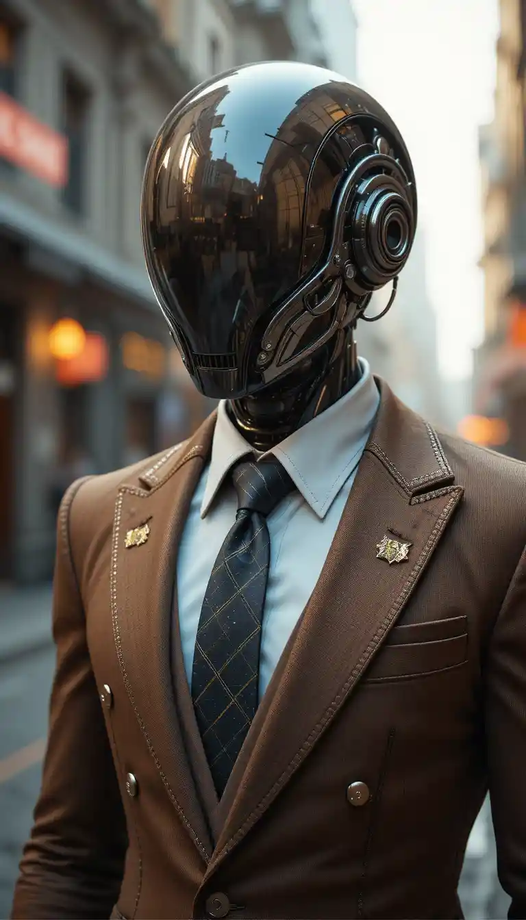 Futuristischer humanoider Roboter im braunen Anzug in der Stadt