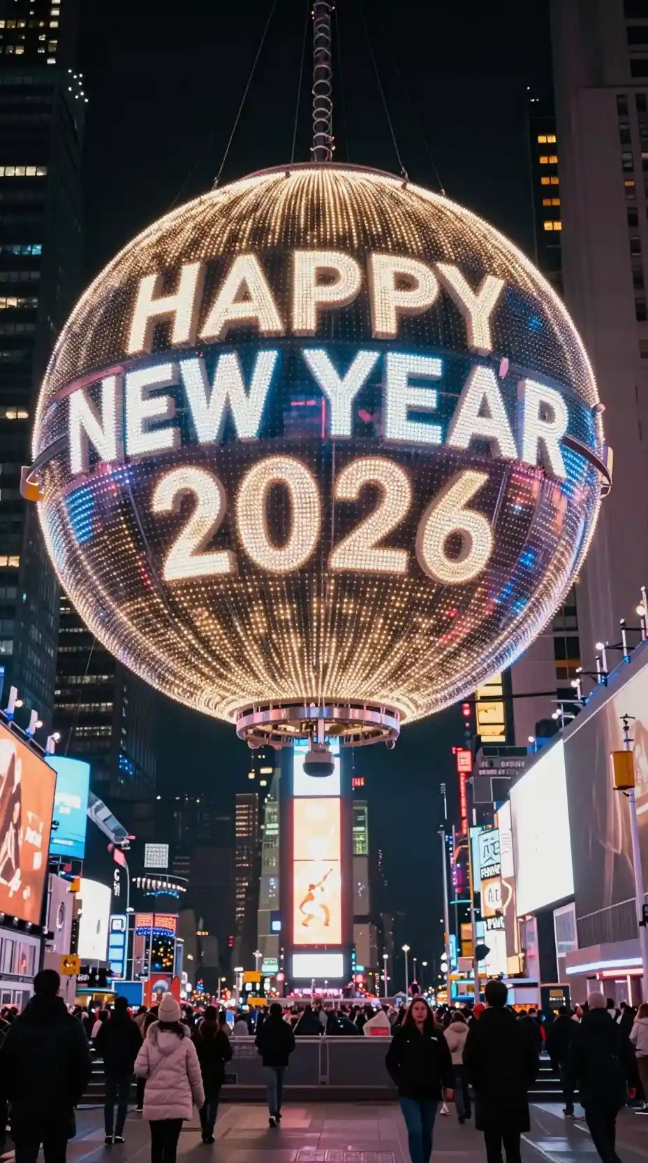 Dreamy city square with glowing New Year 2026 lights