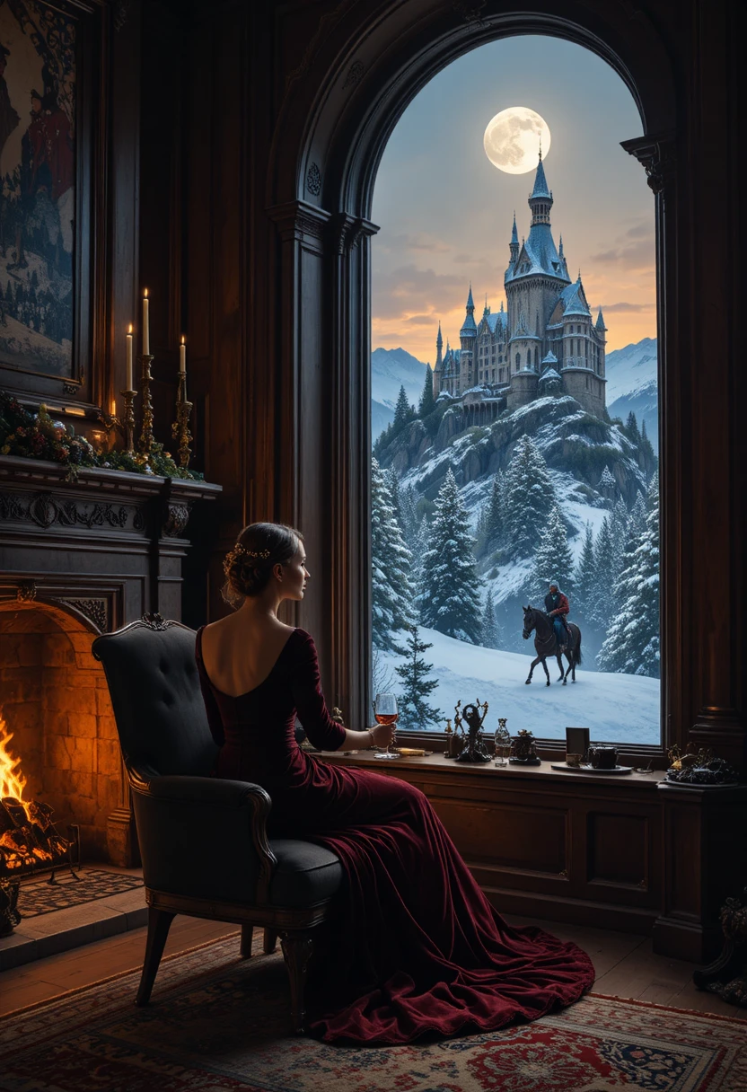 Woman in velvet gown by firelit castle window