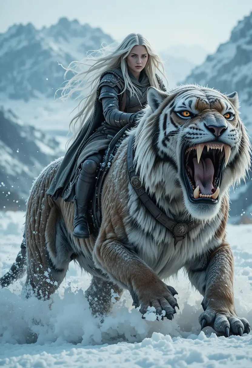 Nordic warrior woman riding saber toothed tiger in snow