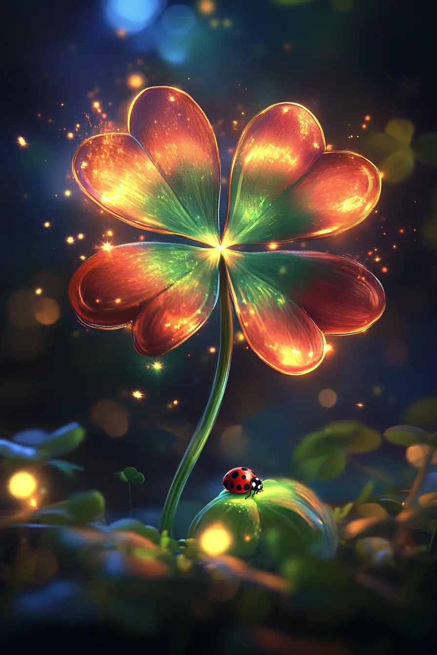 Close up clover with distant ladybug and fireworks