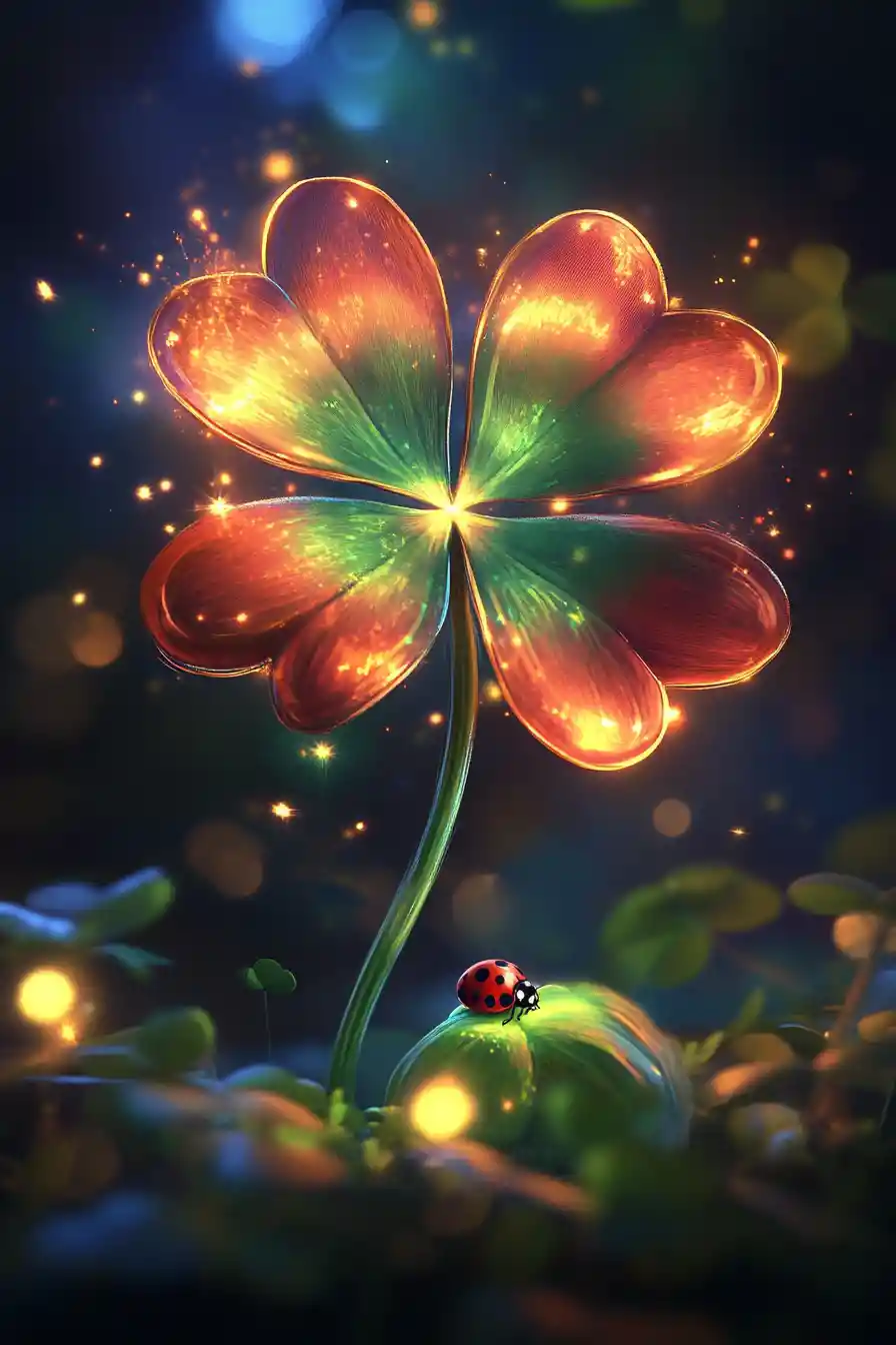 Close up clover with distant ladybug and fireworks