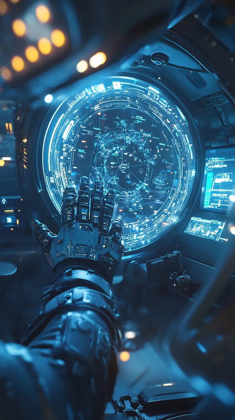 Child pilot inside futuristic mech cockpit with hud