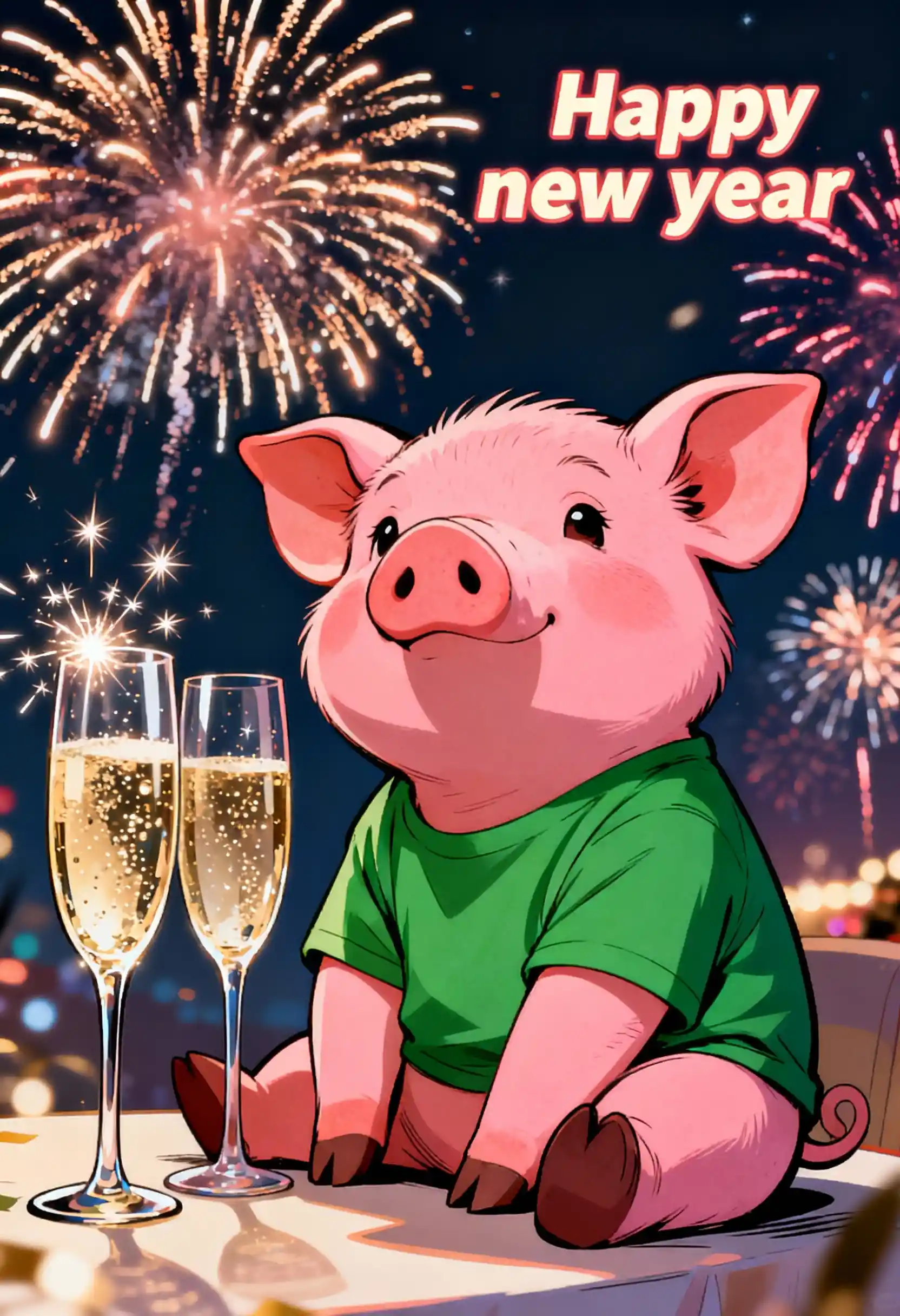 Cute pink piglet with champagne and festive fireworks