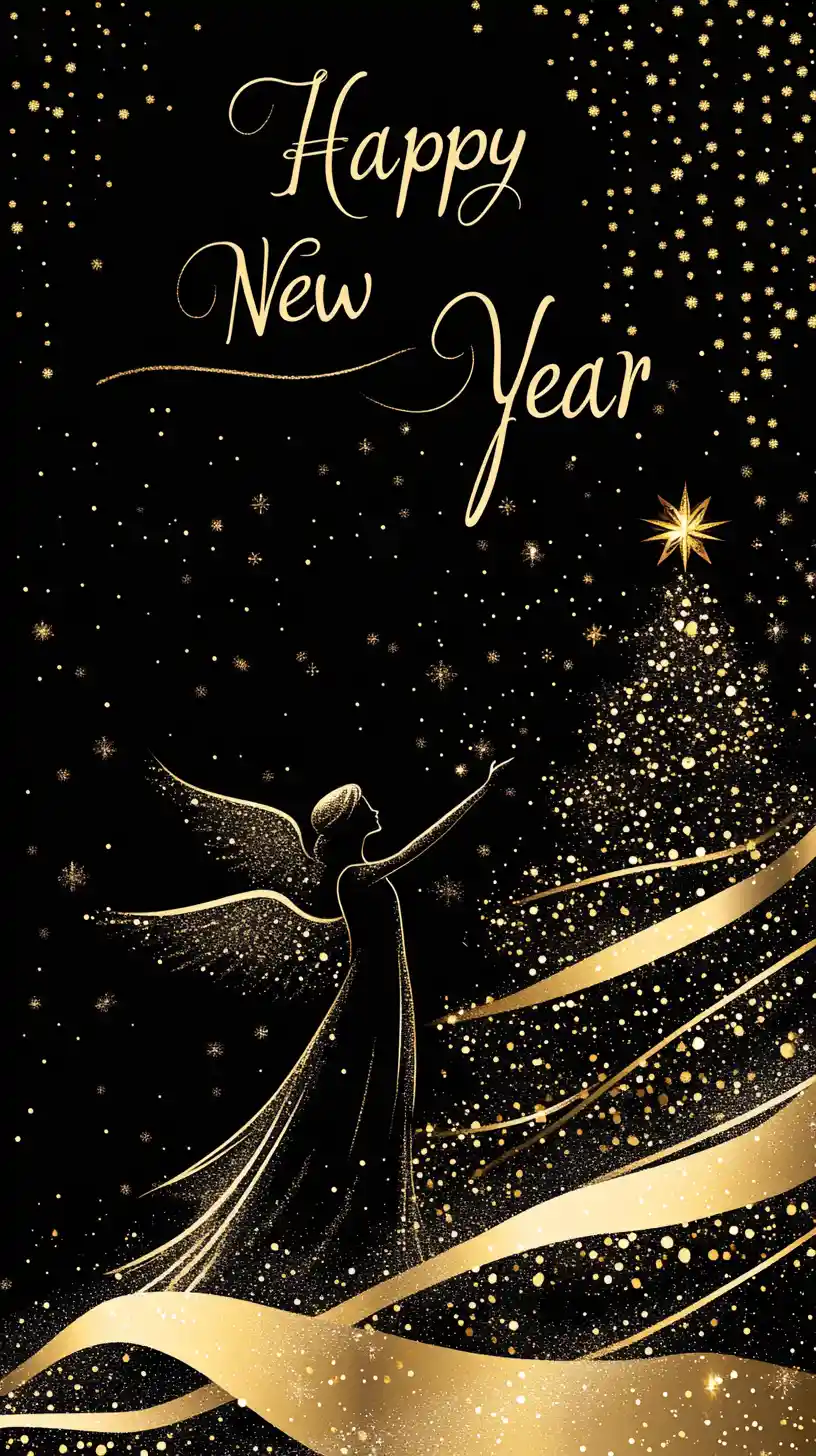 Angelo dorato e albero di Natale illustrazione per cartolina di Capodanno