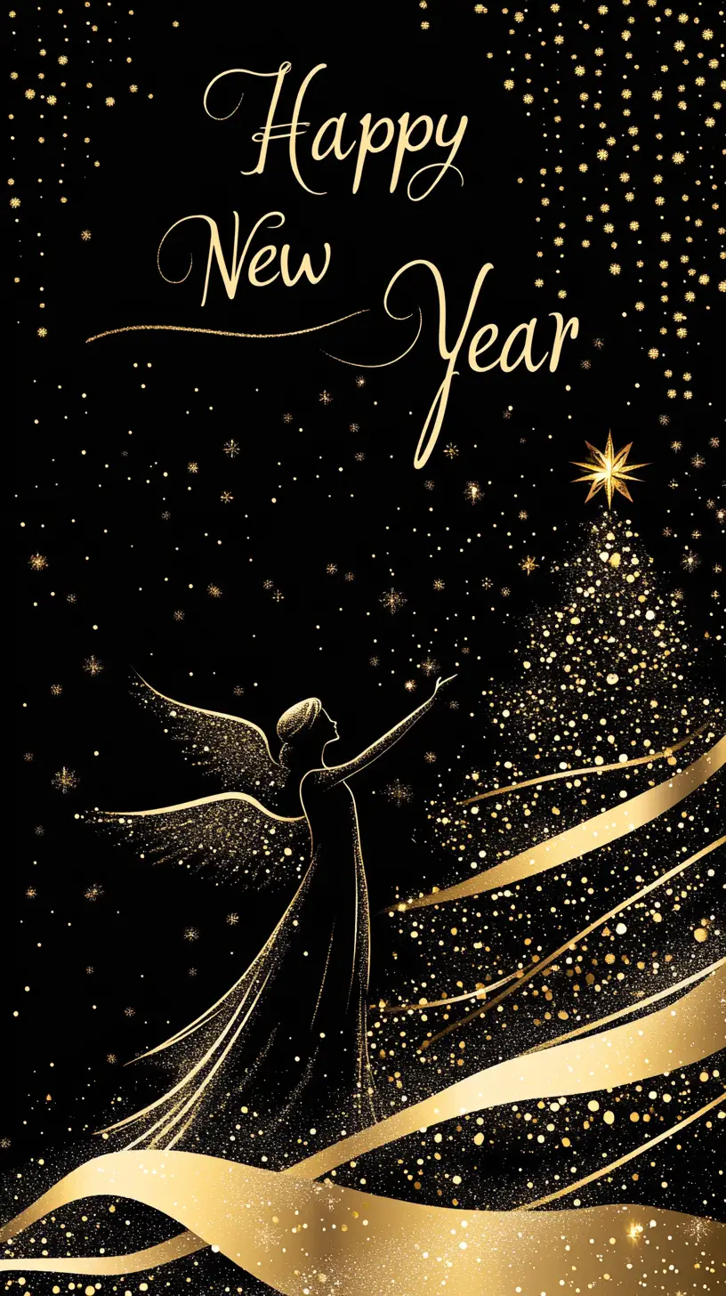 Golden angel and christmas tree new year postcard illustration
