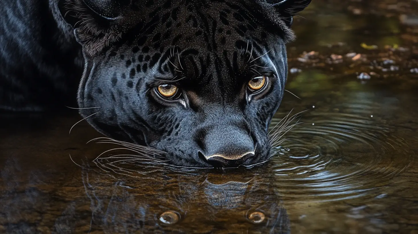 Panther Gazing At Its Reflection In A Rainy Puddle