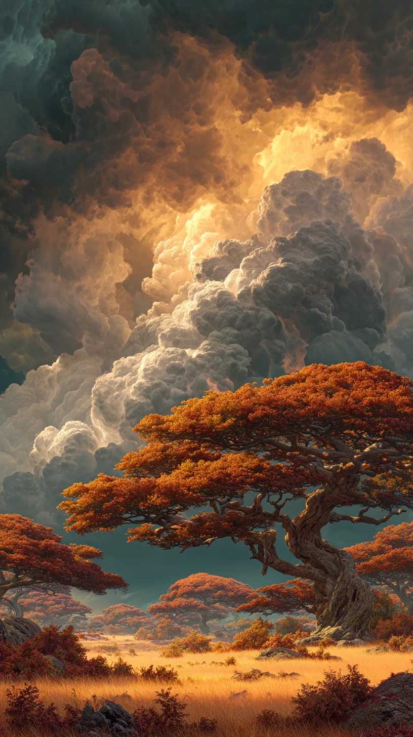 Sunlit savanna with towering acacia trees and storm clouds