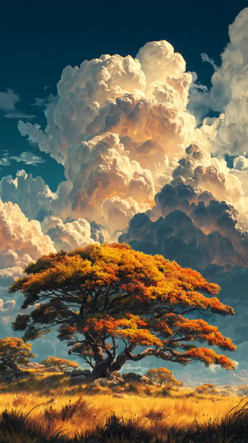 Sunlit savanna with acacia trees and looming storm clouds