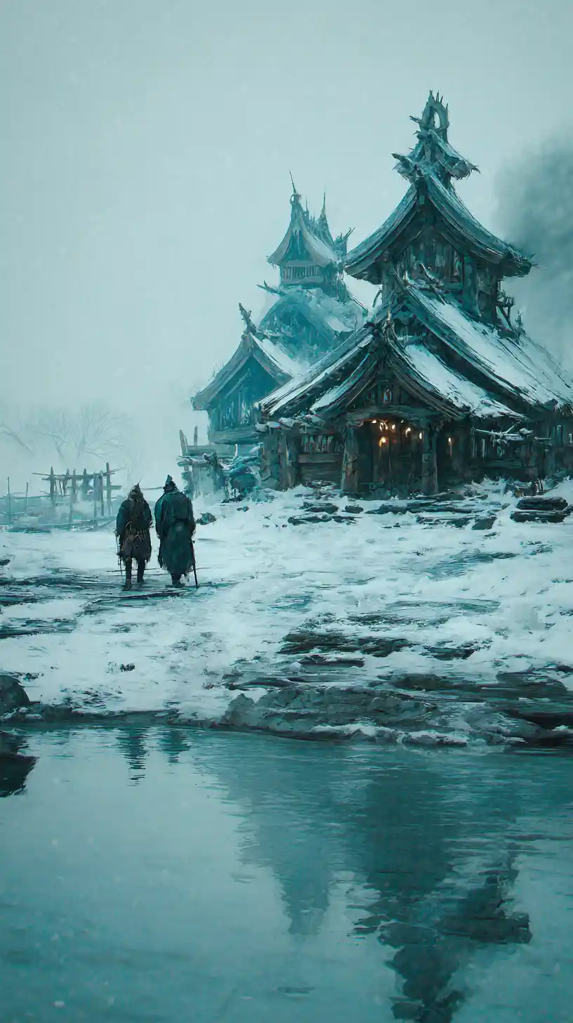 Couple Standing In Snow Beside Fantasy Shrine Village