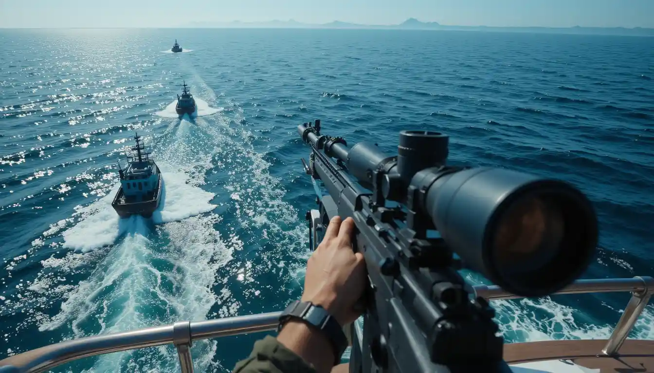 Sniper visant depuis un yacht de luxe au‑dessus de la haute mer