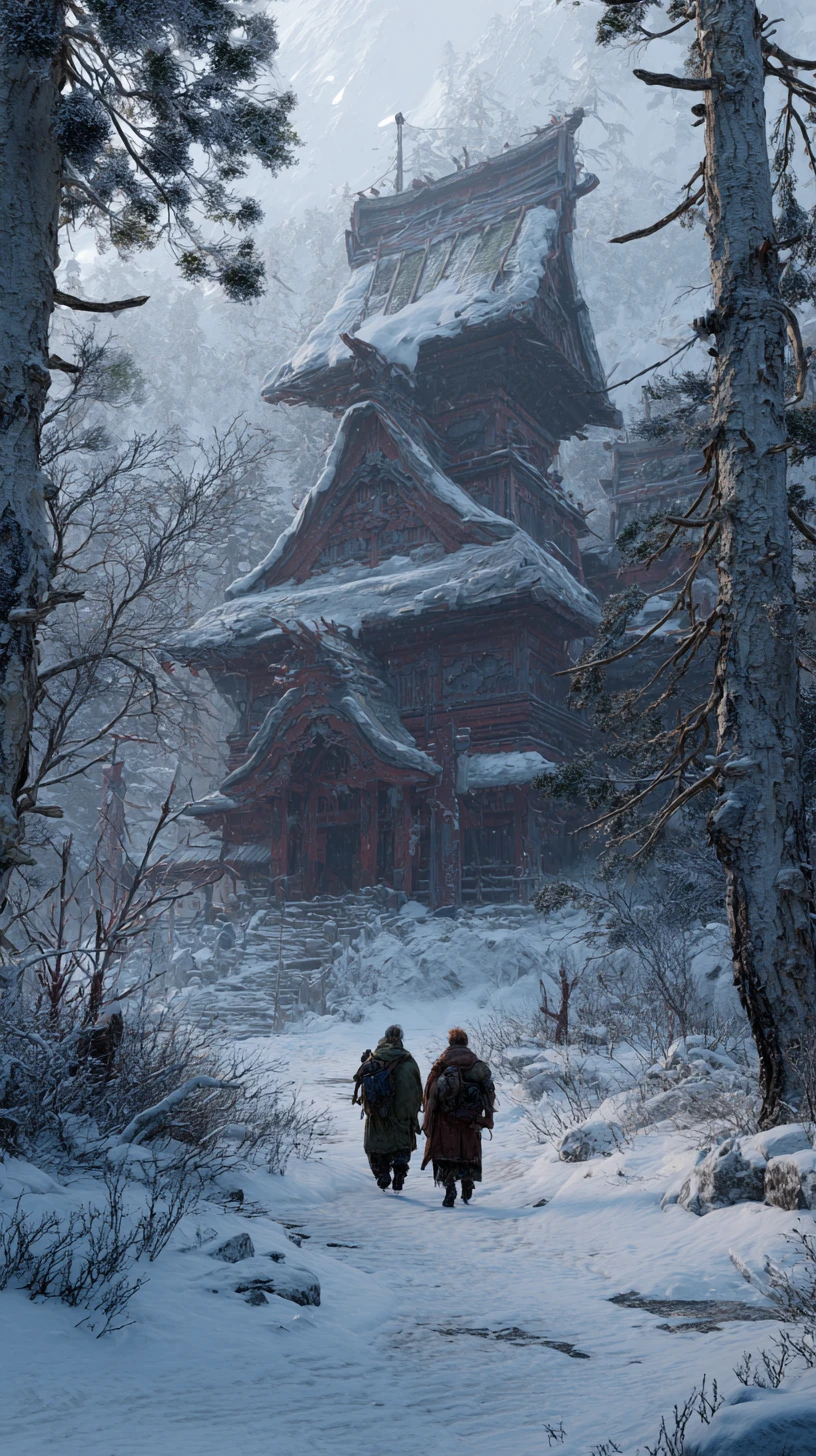 Couple Standing In Snow Beside Fantasy Village Shrine