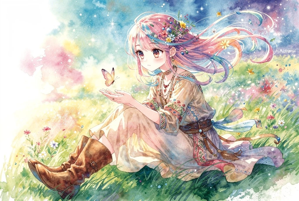 奇幻水彩風草地上看著蝴蝶的女孩