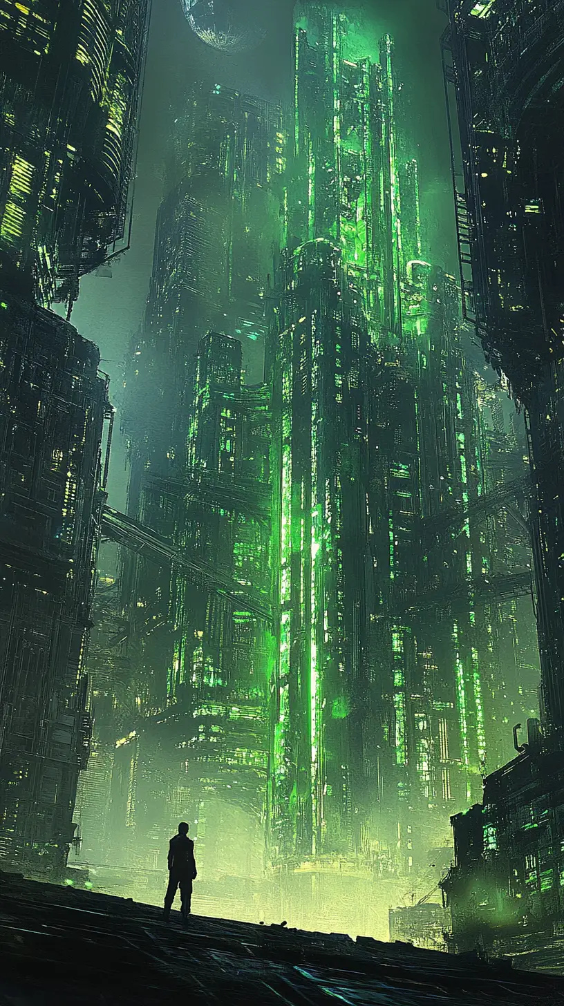 Solitary Figure Overlooking Futuristic Dystopian Cityscape