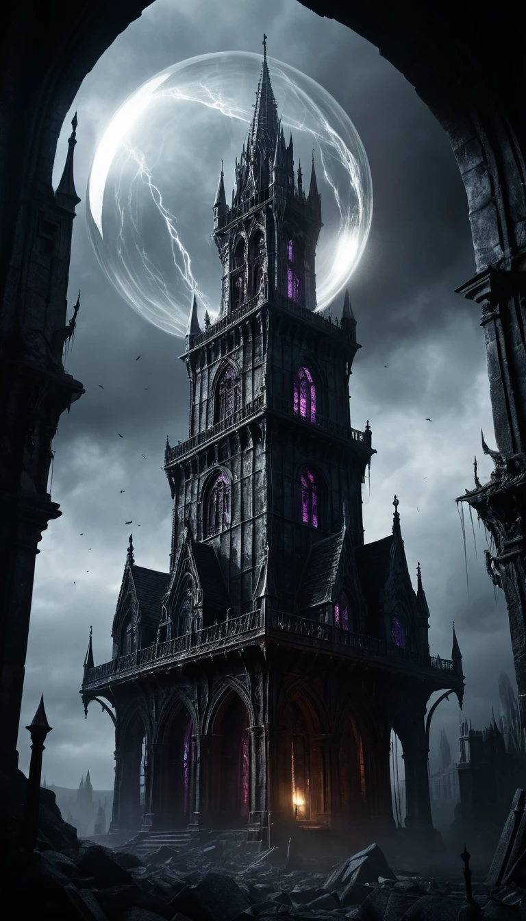 Gothic tower sealed inside a vast shimmering bubble
