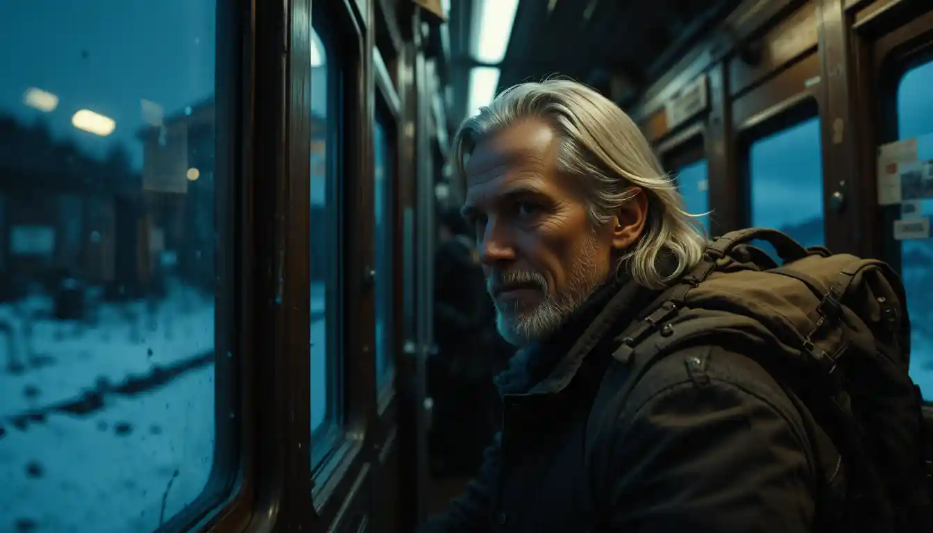 Man in a train at night with a cold reflective stare