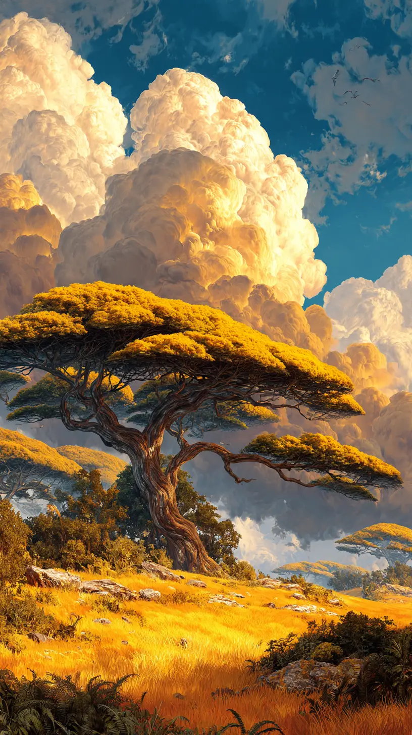 Sunlit savanna with towering acacia trees and storm clouds