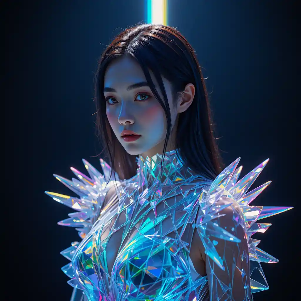 Koreanisches Model im Kristallprismenkleid mit Regenbogenlicht