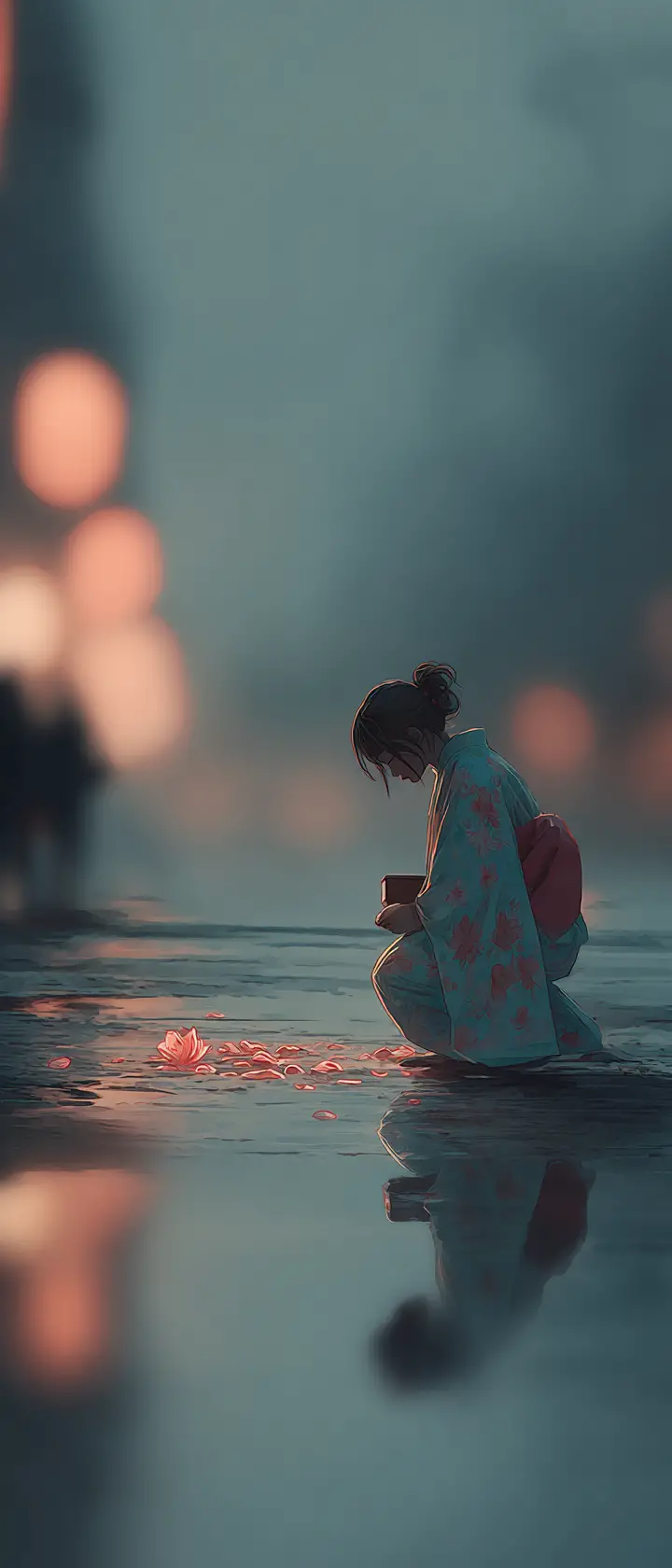 Woman in kimono kneeling on a rainy twilight street